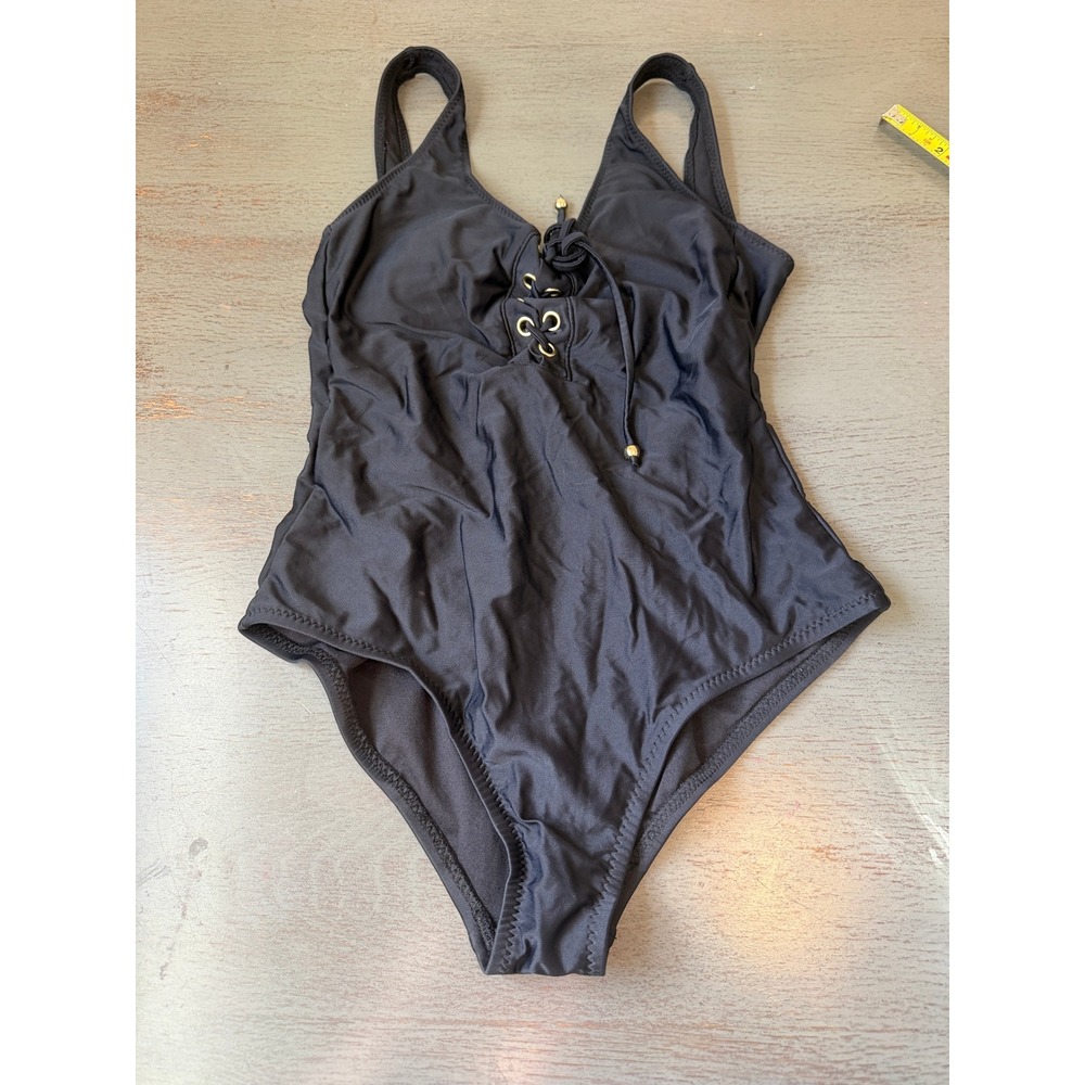 Mossimo Black Lace Up One Piece Swimsuit Gold Grommet V-Neck Size S
